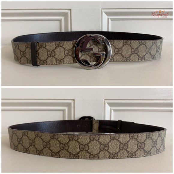 Auth Gucci Brown GG Supreme Canvas Leather Silver Interlocking G Buckle 95/38 - Picture 5 of 13